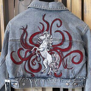 Unicorn Hand Painted New Forever 21 Women's Cropped Denim Trucker Jacket